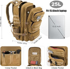 Military Tactical Backpack 25L Day Backpack for Men Molle Army 3 Days Assault Pack Bug Out Bag Water Resistant and Heavy Duty Hiking Treeking Rucksack - Brown