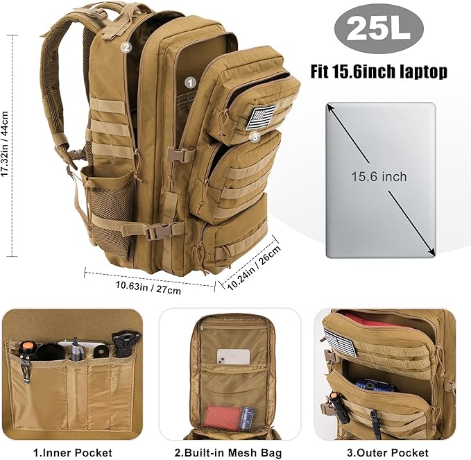 Military Tactical Backpack 25L Day Backpack for Men Molle Army 3 Days Assault Pack Bug Out Bag Water Resistant and Heavy Duty Hiking Treeking Rucksack - Brown