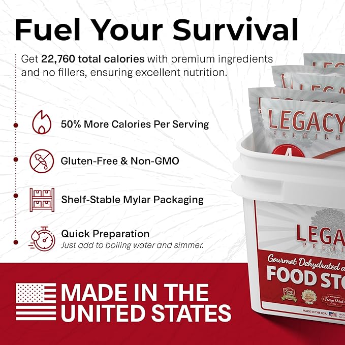 Legacy Food Storage Gluten Free 60 Serving Bucket, Emergency Food Supply, 22,760 Total Calories, 60 Large Servings, Shelf Stable Lunch & Dinner Entrees, Freeze Dried Survival Meals for MRE Camping, Hiking, & Backpacking