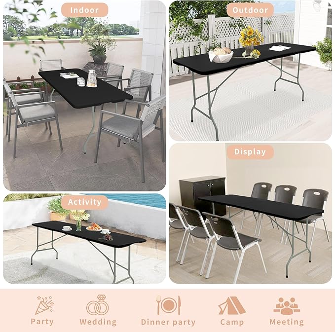 Folding Table 8 FT Camping Table Portable Heavy Duty Plastic Rectangular Outdoor Dining Table Steel Legs Fold-in-Half with Carrying Handle for Indoor,Picnic,Party,Wedding,Events(Black)