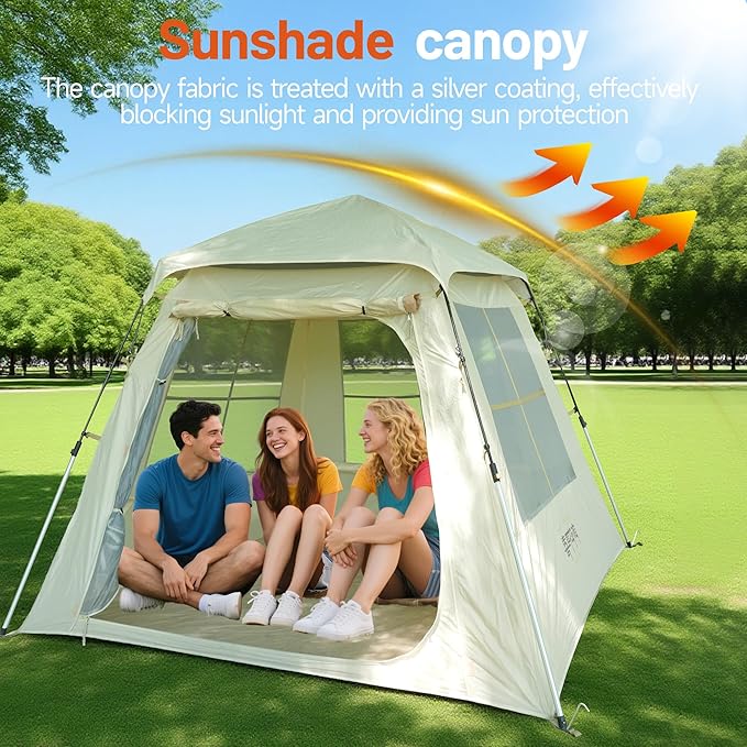 Instant Pop Up Camping Tent - 7'×7' 4 Person, 5-Sided Ventilation, UV-Blocking Top & Hexagonal Awning, Portable for Patio/Beach
