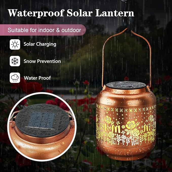 Birthday Gifts for Women Mom Grandma Solar Lantern Outdoor Waterproof, Gardening Gifts for Women, Rose Flowers Garden Decor Hanging Solar Lights Yard Decorations Outdoor, Backyard, Patio, Porch