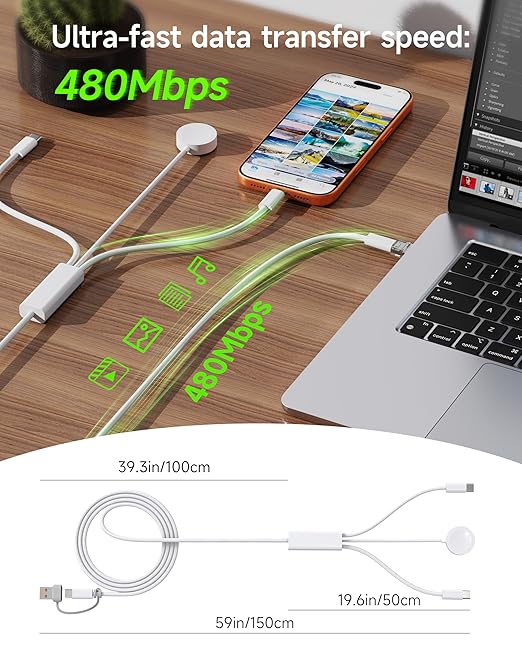 ZEEHOO Multi Charging Cable, 100W Dual USB C Charger Cable, for Apple Watch Charger, 3 in 1 Fast Charging Cable, iPhone 17/16/15 Pro, iPad, MacBook, AirPods, Nylon Braided Travel Cable