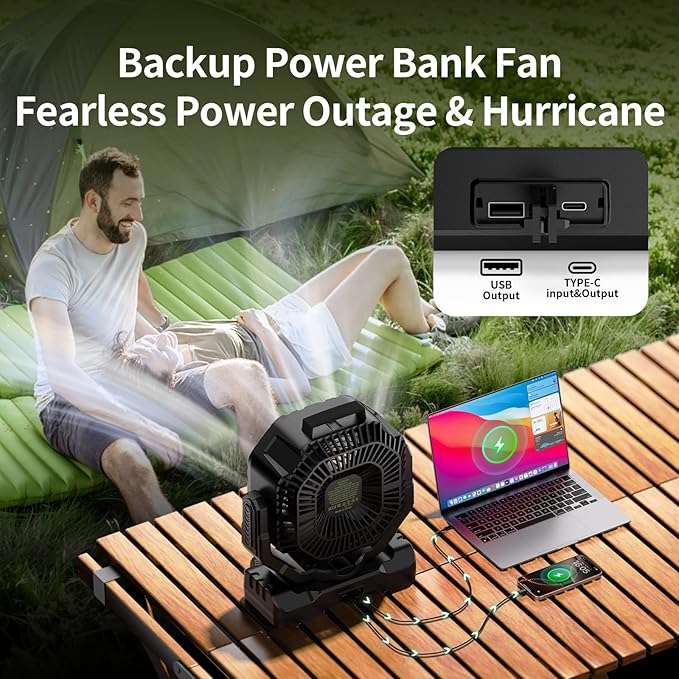 Socool 40000mAh Camping Fan Rechargeable, Battery Operated Portable Outdoor Fan Remote, 136Hrs & 4-Speed Cordless Oscillating, Table Fan with Light & Timer for Tent RV Jobsite Hurricane Power Outage