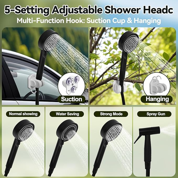 11PCS Portable Shower with Heater for Camping Shower Tent Set, 1500W Immersion Heater with Auto Shut-Off, 6000mAh Rechargeable Portable Shower with 5 Gallons Foldable Bucket, USB Solar Charging Panel