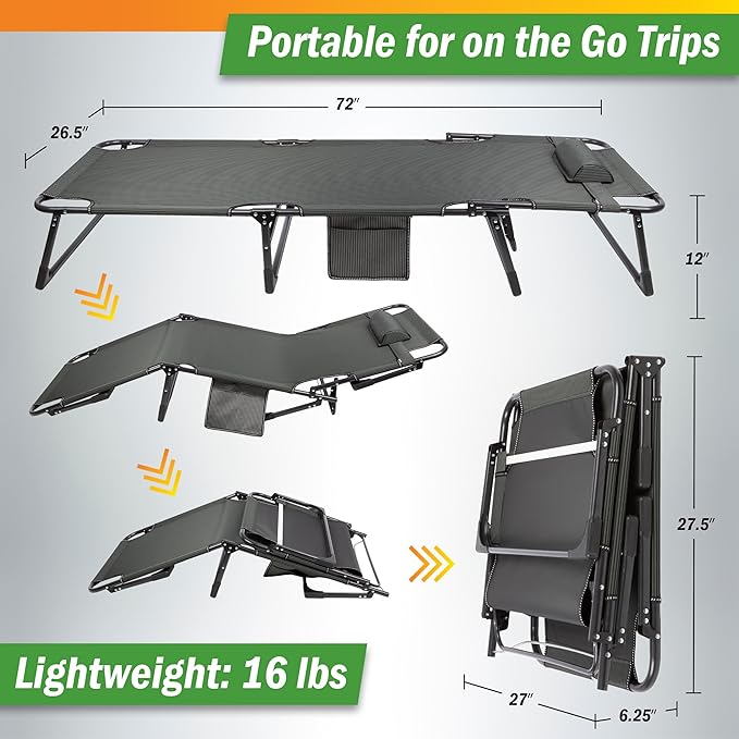 Folding Camping Cot with Mattress for Adults up to 440lbs - Heavy Duty Foldable Bed with Removable Cot Mattress and 3 Recline Positions for Travel, Camp, Beach or Guest Bed by Wakeman Outdoors (Black)