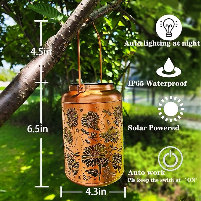 Solar Lanterns for Outside,Sunflower and Dragonfly Garden Decor Lights,Waterproof Solar Powered Hanging Lantern for Patio,Yard,Porch, Birthday Gifts for Women,Mom,Grandma,Housewarming