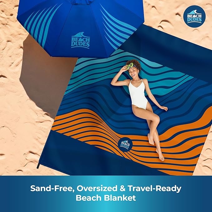Sandproof Waterproof Beach Blanket Extra Large 108"x 84", Mat for Family, Quick Dry Ripstop Nylon Lightweight, Compact for Travel, Picnic, Camping w/ 4 Anchor Stakes and Carry Bag