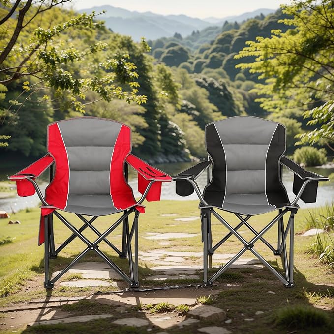 Northroad 2 Pack Oversized Camping Chair, Padded Portable Chairs Heavy Duty Camping Folding Chairs w/Cooler Bag & Cup Holder, Support 400 LBS for Outdoor, Fishing & Garden (Red & Black)