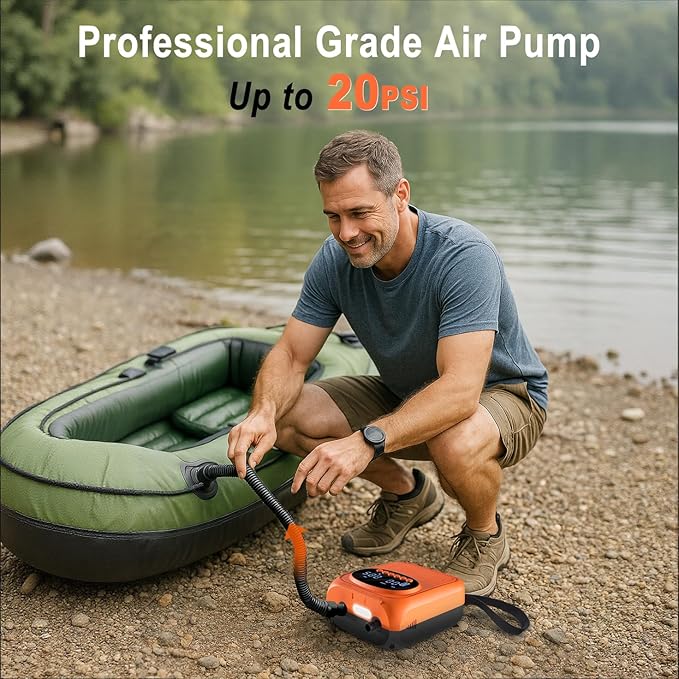20PSI Electric Paddle Board Pump, Smart Rechargeable SUP Pump with DC 12V Car Connector, Inflation and Deflation Air Pump with Auto-Off for SUP, Kayaks, Tents, Air Mattress, Pool Floats, Inflatables