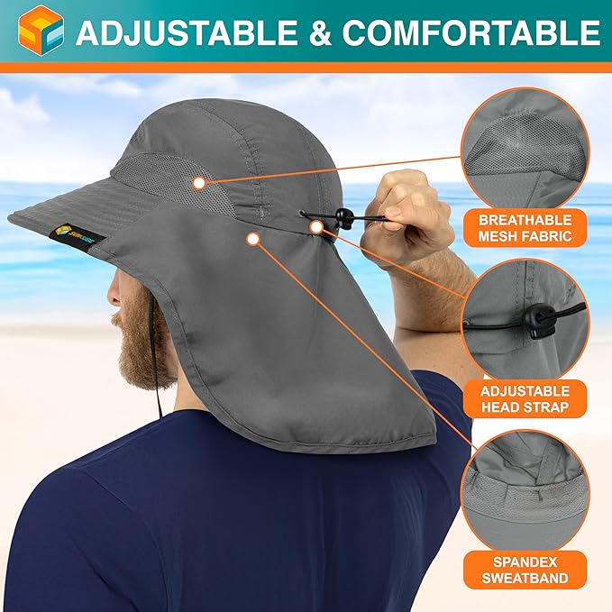 SUN CUBE Wide Brim Sun Hat with Neck Flap, UPF50+ Hiking Safari Fishing Hat for Men Women, Sun Protection Beach Hat