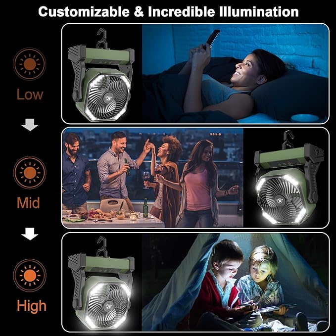 KITWLEMEN 20000mAh Battery Powered Camping Fan - 58H Max Cooling, Rechargeable Battery Operated Desk Fan with 4 Speeds, Bright Light & Hanging Hook, Portable for Tent Outdoor Hurricane Power Outage