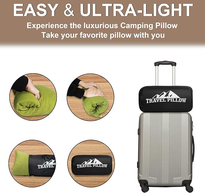 Travel Pillow Backpacking Pillow, Compressible Memory Foam Pillow Breathable Cover for Travel Airplane Hiking and Car