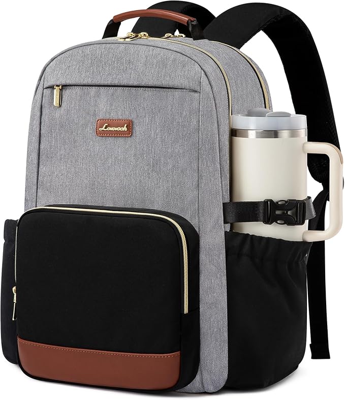 LOVEVOOK Laptop Backpack for Women with Pouch Pocket for Large Capacity Cup,15.6 Inch Teacher Nurse College Work Backpack Purse,Waterproof Laptop Bag Computer Back Pack for Travel, Grey-Black-Brown