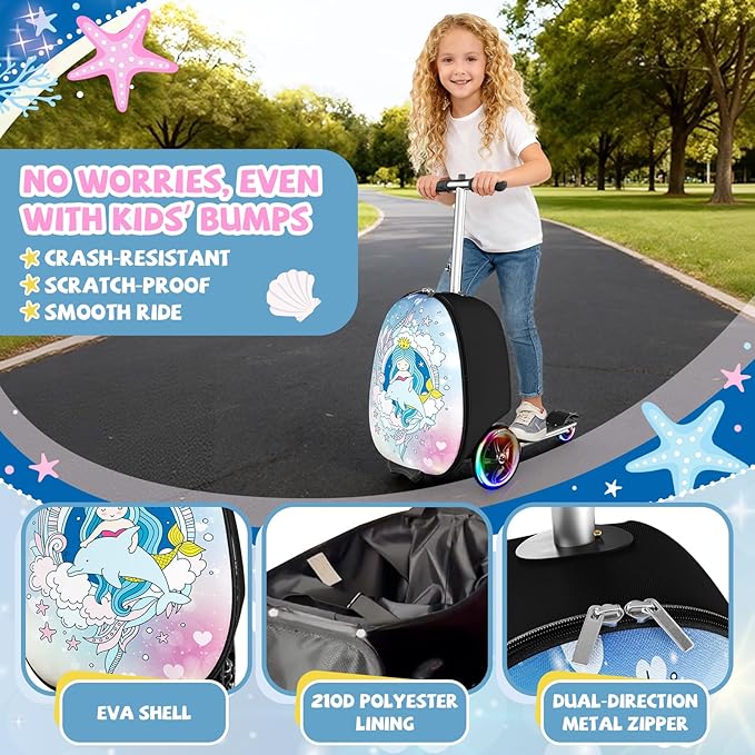Baotree Scooter Suitcase for Kids, 2 in 1 Ride-on Luggage with Flash PU Wheels, Adjustable Handle & TPR Non-Slip Grip, Foldable & Lightweight, Ages 5-12