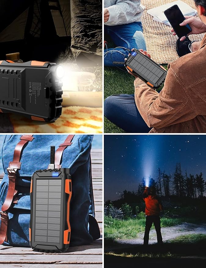 Solar Charger, Power Bank, 42800mAh Portable Charger Power Bank External Battery Pack 5V3.1A Qc 3.0 Fast Charger Built-in Super Bright Flashlight (Orange)