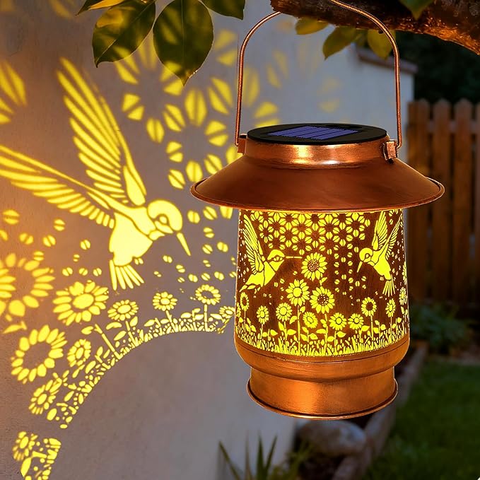 Hummingbird Solar Lanterns Outdoor Garden Decor, Sunflower Gifts for Women Mom Grandma Birthday Hanging Metal Solar Lights Waterproof Decoration for Garden Yard Lawn Patio
