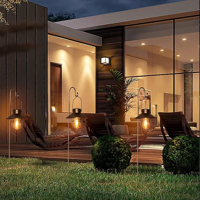 pearlstar Solar Lanterns Outdoor Metal Solar Powered Hanging Lights Waterproof for Barn Wall Yard Garden Patio Garage Balcony Porch Fence Decor, Warm White Edison Bulb (Copper-2pack)