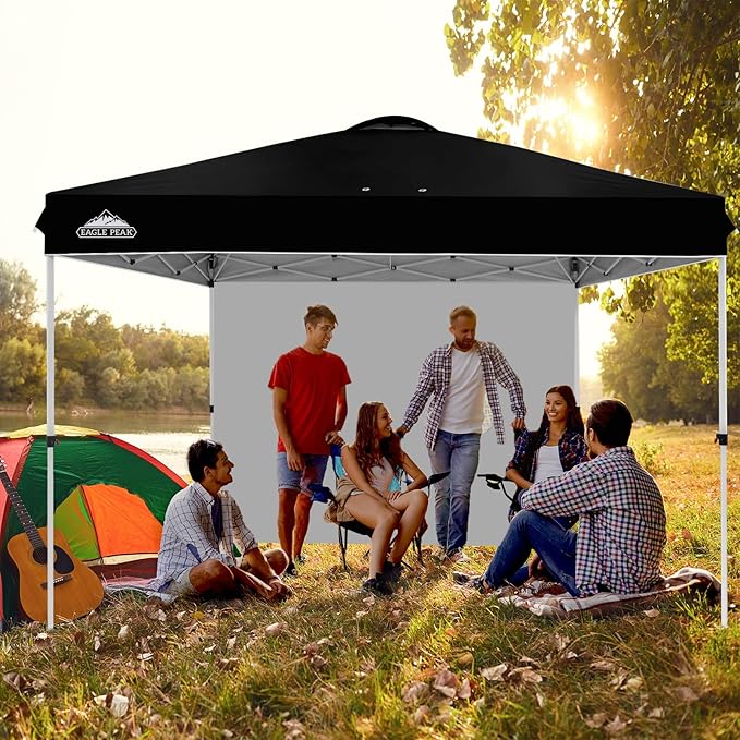 EAGLE PEAK Pop Up Canopy Tent with 1 Sidewall, Easy Setup Event Tent, Outdoor Sun Shade, Wheeled Carry Bag, Stakes and Guy Ropes, Instant Canopy 12x12, Black