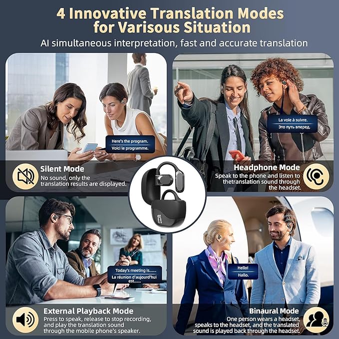 Ai Language Translation Earbuds, Translator Earbuds Real Time with APP Compatible with iOS & Android, 144-Language Bluetooth Headphones Translating Device for Travel and Business - Black