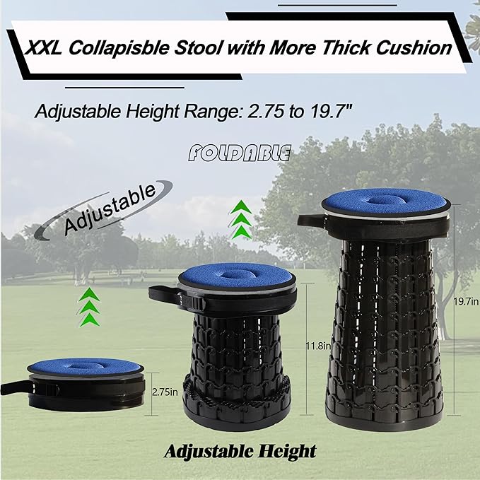ALEVMOOM 2025 Upgraded XXL Collapsilbe Stool with Cushion,More Sturdy and Height 19.7“,D11.8”,Portable and Lightweight Adjustable Telescoping Stool for Camping Hiking BBQ Max Loading 1000Ibs