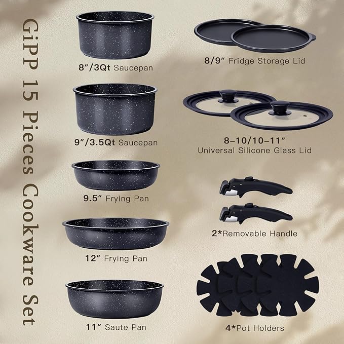 GiPP Ceramic Pots and Pans Set Non Stick, Nonstick Detachable Handle Cookware Sets, Healthy Non Toxic PFAS PFOA & PTFE Free, Dishwasher ＆Oven Safe, Induction Kitchen Pot and Pan, 15 Piece Grey