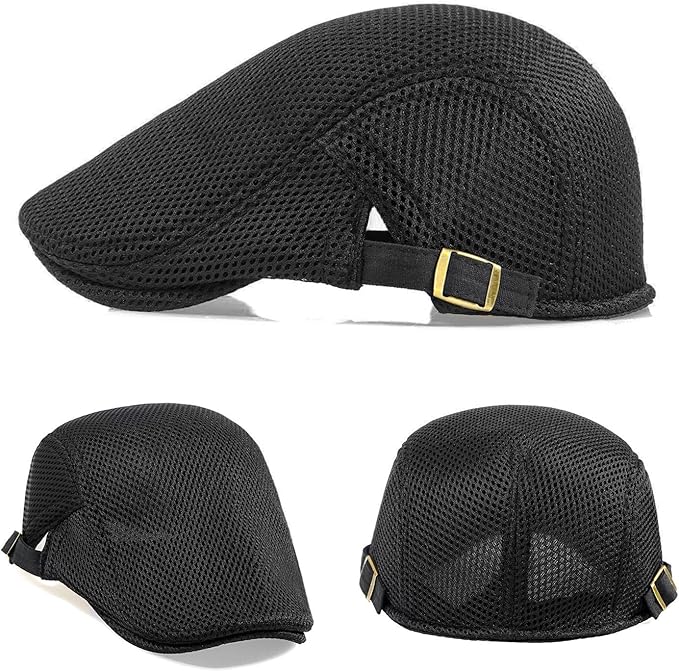 2 Pack Men's Mesh Cap Breathable Summer Newsboy Hat Adjustable Beret Ivy Cap Irish Cabbie Driving Hunting Hats