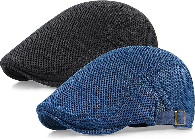 2 Pack Men's Mesh Cap Breathable Summer Newsboy Hat Adjustable Beret Ivy Cap Irish Cabbie Driving Hunting Hats