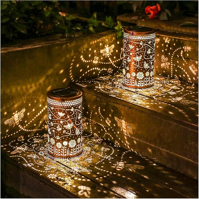 2 Pack Bee Outdoor Solar Hanging Lanterns Waterproof LED Solar Lights Metal Decorative Lanterns for Garden, Patio, Courtyard, Backyard, Yard Decor Unique Bee Gifts for Women Gardening