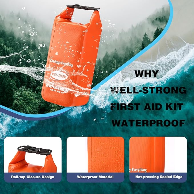 Boat First Aid Kit with Survival Tools, 123pcs Waterproof Emergency Marine Kit with Buckles, Compact Boat Safety Accessories for Fishing Kayaking Boating Camping Rafting Beach Orange