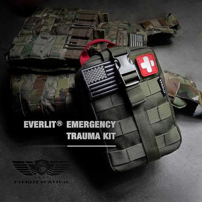 EVERLIT Emergency Trauma Kit, CAT GEN-7 Tourniquet 36" Splint, Military Combat Tactical IFAK for First Aid Response, Gun Shots, Severe Bleeding Control (OD Green)