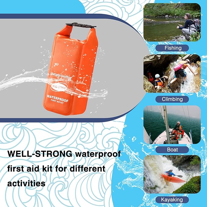 Boat First Aid Kit with Survival Tools, 123pcs Waterproof Emergency Marine Kit with Buckles, Compact Boat Safety Accessories for Fishing Kayaking Boating Camping Rafting Beach Orange