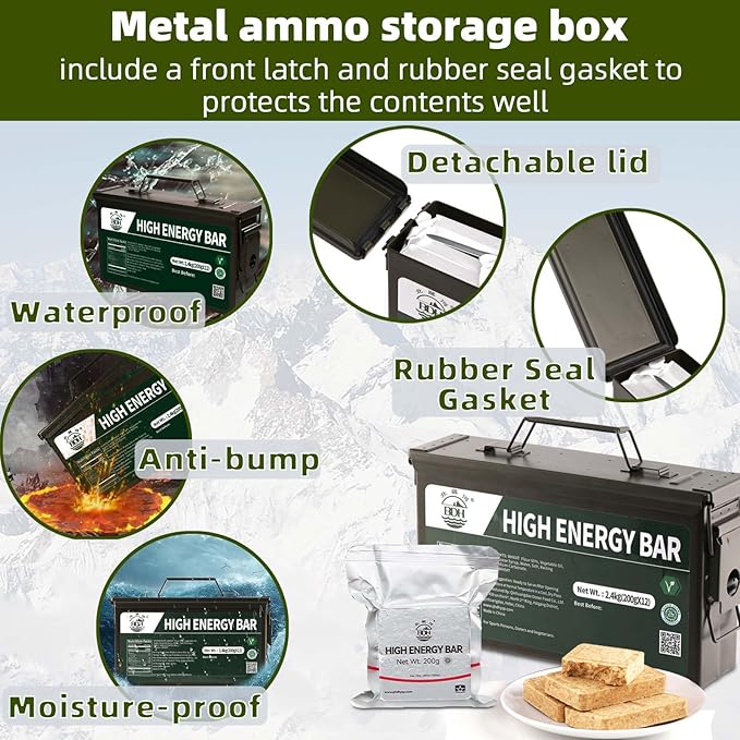 Emergency Food Ration Bars - Waterproof Metal Storage Box Packing, Metal Ammo Can, Long Shelf Life Emergency Food Supplies, 9 Days Food Rations Supply for Outdoor Camping Hiking Snowstorm,12 Count