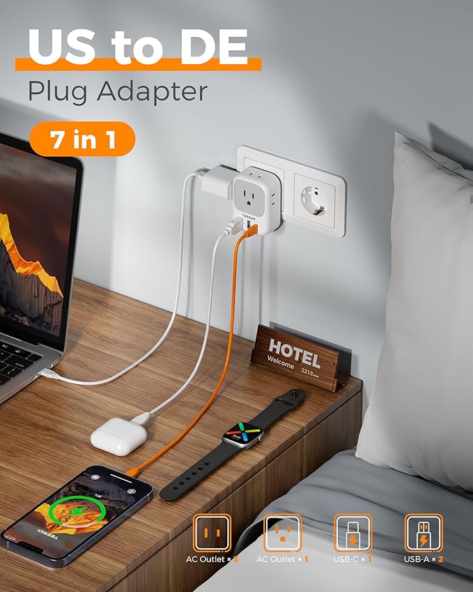 TESSAN Type E F Plug Adapter, Germany France Power Adapter with 3 USB Ports (1 USB C 20W), 4 AC Outlets Travel Adaptor for US to Europe EU Spain Iceland Korea Portugal Greece Russia German French