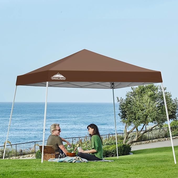 EAGLE PEAK 10x10 Slant Leg Pop-up Canopy Tent Easy One Person Setup Instant Outdoor Beach Canopy Folding Portable Sports Shelter 10x10 Base 8x8 Top (Dark Brown)