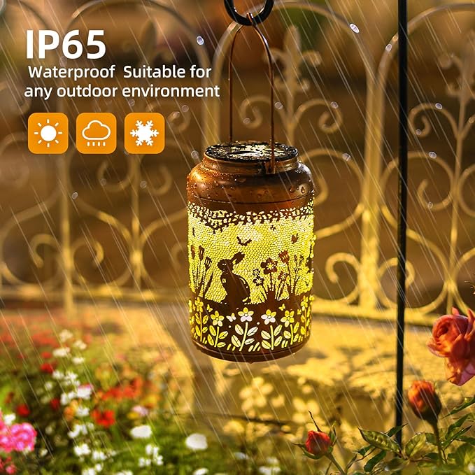 Rabbit Solar Lanterns Outdoor Waterproof Hanging Bunny Solar Lights Metal Decoration Outside for Yard,Patio,Porch, Pathway, Lawn, Garden Decor Lantern Birthday Gifts for Women Mom Grandma