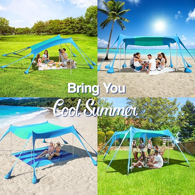 Rhino Valley Beach Tent Shade Canopy UPF50+ Protection, 8 Sandbags, 4 Stability Poles, Outdoor Sun Shelter Umbrella for Sand, Camping, Fishing Essentials