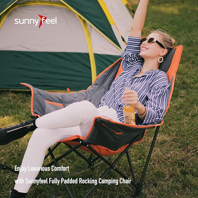 SUNNYFEEL Rocking Camping Chair, Luxury Padded Recliner, Oversized Folding Lawn Chair with Pocket, Heavy Duty for Outdoor/Picnic/Lounge/Patio, Portable Camp Rocker Chairs with Carry Bag