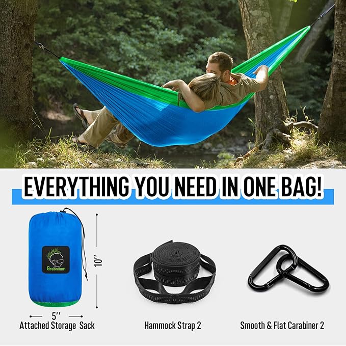 Grassman Camping Hammock Double & Single Portable Hammock with Tree Straps, Lightweight Nylon Parachute Hammocks Camping Accessories Gear for Indoor Outdoor Backpacking, Travel, Hiking, Beach
