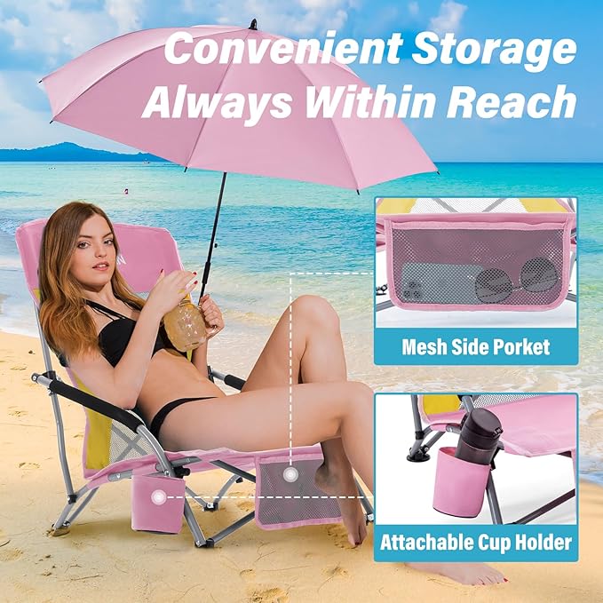 Homcosan Portable Low Folding Beach Chairs Set of 2 with Detachable Umbrellas - Lightweight Camping Chairs for Adults with Cup Holder & Storage Pockets, Carry Bag Included (Pink & Yellow)