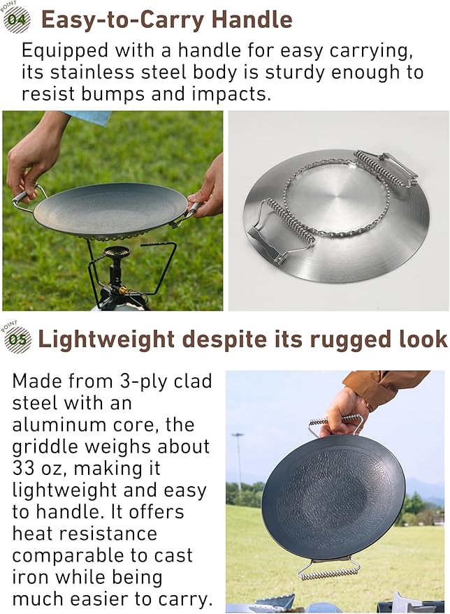 camping moon BBQ Grill Pan Dia 10.4-inch Round Griddle 3-Ply Composite Steel Nonstick Foldable Handle for Open Fire Gas Stove Outdoor & Indoor Use GRW-27F