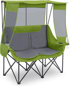 Double Camping Chair with Canopy Shade Oversized 2 Person Camping Sofa Fully Padded Folding Loveseat with Cup Hold and Storage Bag Sturdy for Lawn Beach Fall Outdoor Activities(Dark Green)