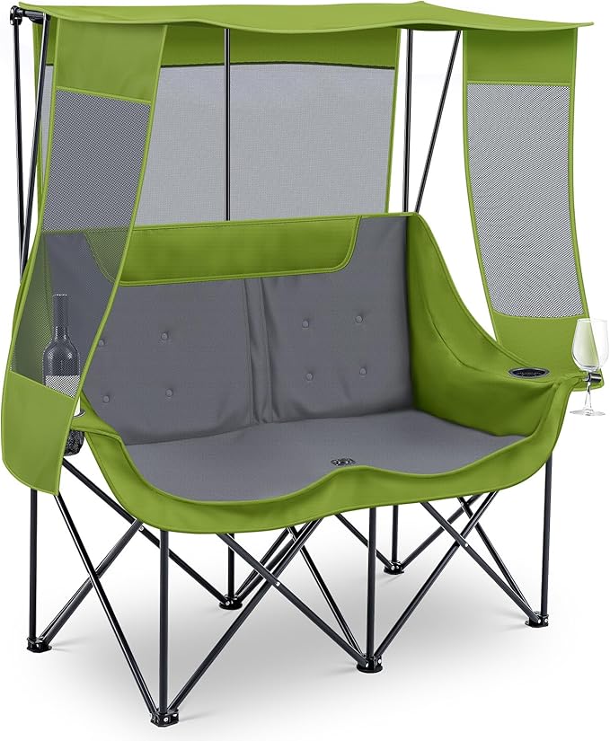 Double Camping Chair with Canopy Shade Oversized 2 Person Camping Sofa Fully Padded Folding Loveseat with Cup Hold and Storage Bag Sturdy for Lawn Beach Fall Outdoor Activities(Dark Green)