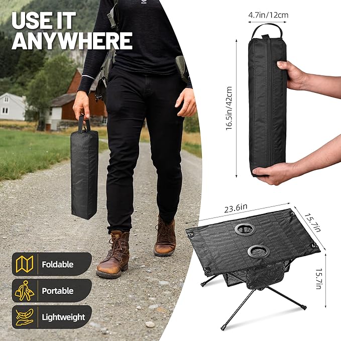 ZUNE LOTOO Portable Camping Table Folding, Small Beach Table Foldable with Drink Holder & Mesh Storage & Carry Bag Compact Camp Tent Side Table for Picnic Tailgate Travel Outdoor Fishing Backpacking
