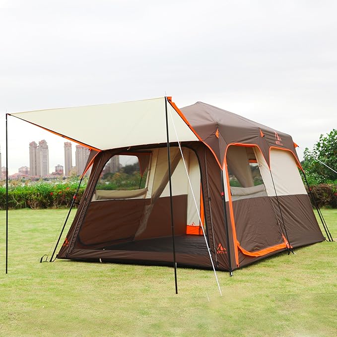 KTT Large Tent 6-12 Person,Family Cabin Tents,Straight Wall,3 Doors and 3 Windows with Mesh,Waterproof,Big Tent for Outdoor,Picnic,Camping,Family,Friends Gathering.