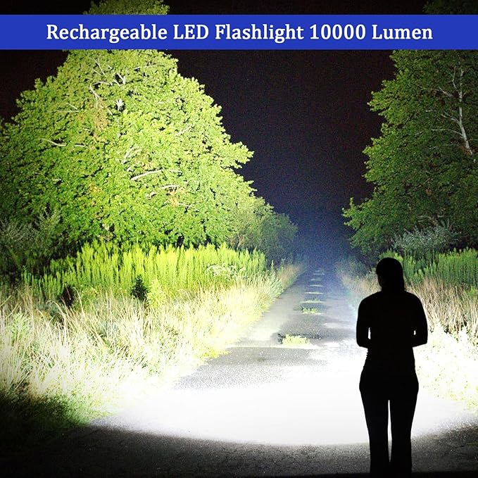 Rechargeable LED Flashlight 10000 Lumen, Super Bright Flashlight with Digital Power Display and Zoomble, Flashlights High Lumens Rechargeable for Camping, Outdoor