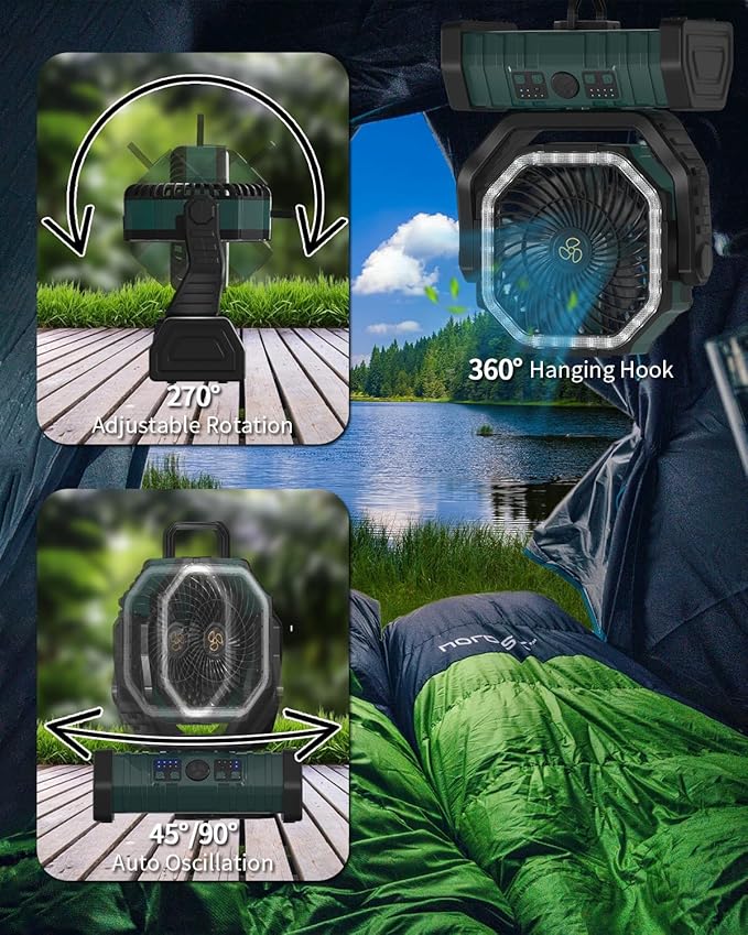 ADUST Camping Battery Operated Powered Fan with LED Lantern Light 20000mAh Rechargeable Portable, Oscillating Fan with 360° Rotation Hanging Hook for Tents, Cordless USB Desk Fan(Blackish Green)