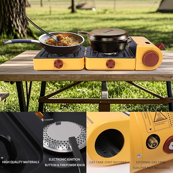 Aircity 2 Burner Folding Camping Stove - Portable Propane Stove with Adjustable Burners, Perfect for Camping, Picnics, Outdoor Activities, and Emergency Use (16,000 BTU)