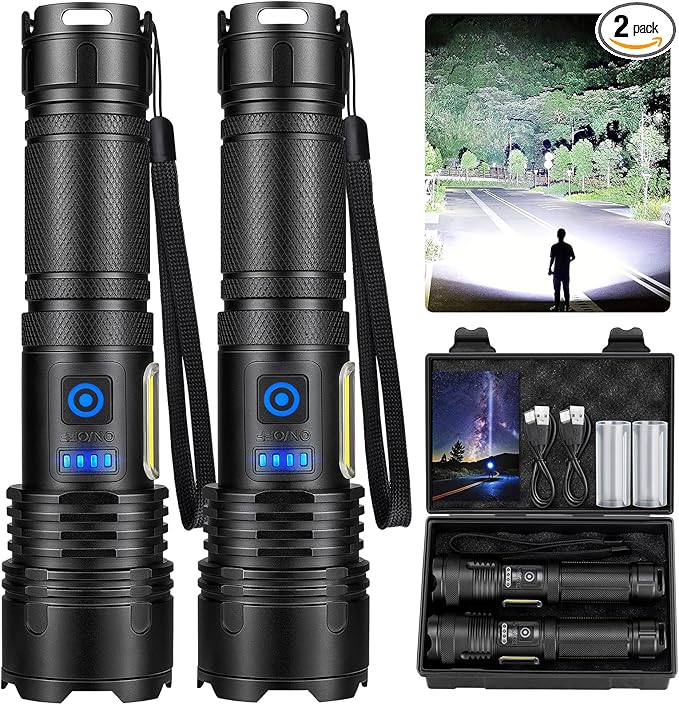 Cinlinso Rechargeable LED Flashlights High Lumens 2 Pack, 90000 Lumen Super Bright Flashlight, 7 Modes with COB Work Light, IPX7 Waterproof Powerful Flash Light for Home, Camping, Emergencies