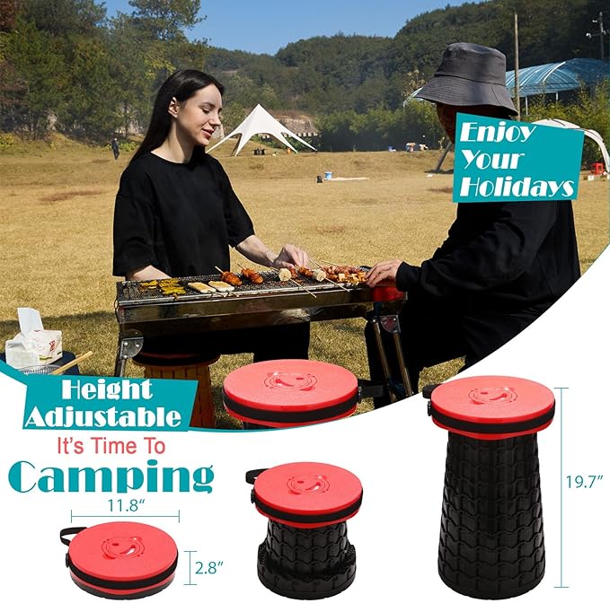 19.7” Heavy Duty Collapsible Stool with Cushion - Portable, Foldable Camping Stool for Adults, Max Capacity 1000lbs (RED)